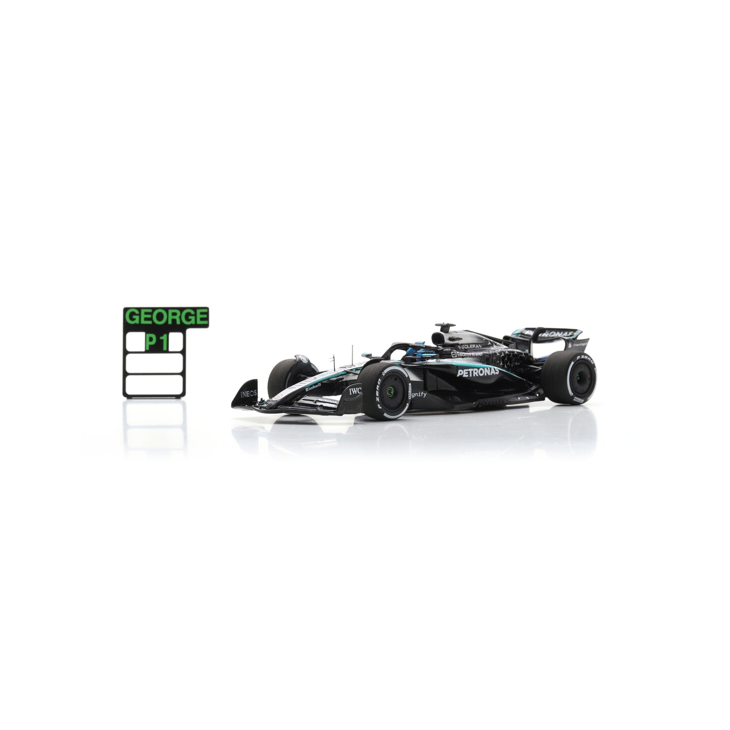 Spark S9616 1:43 - Mercedes W16 No.63 Mercedes-AMG PETRONAS Formula One Team Winner Canadian GP 2025 George Russell - with pit board