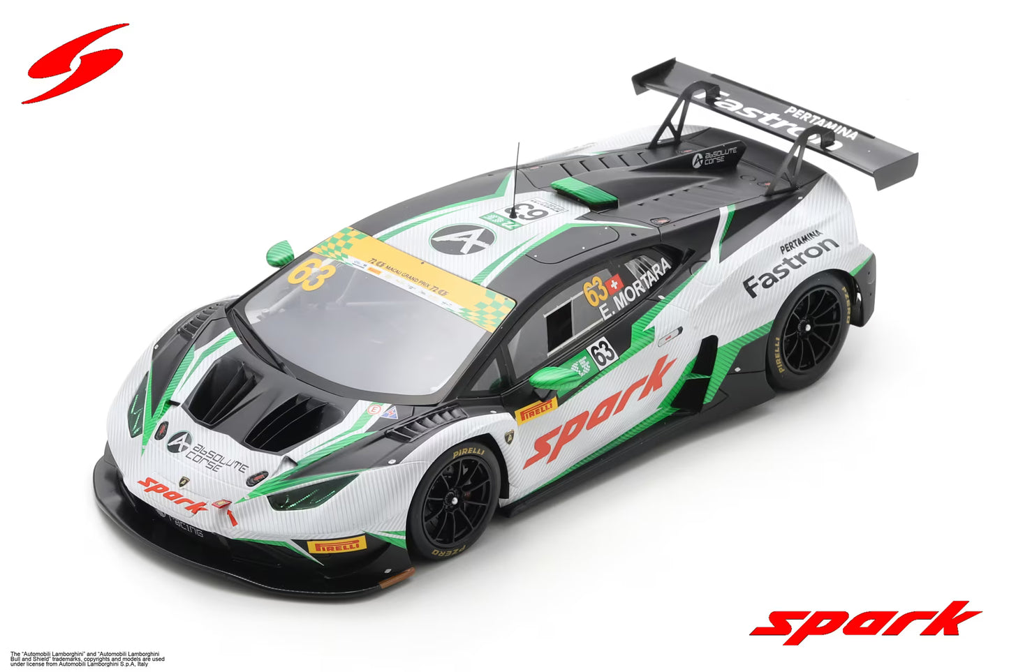 PRECOMMANDE - Spark 18SA039 1:18 - Lamborghini HuracĂĄn GT3 Evo 2 No.63 Absolute Corse Macau GT Cup - FIA GT World Cup 2025 Edoardo MORTARA Limited (300ex.)