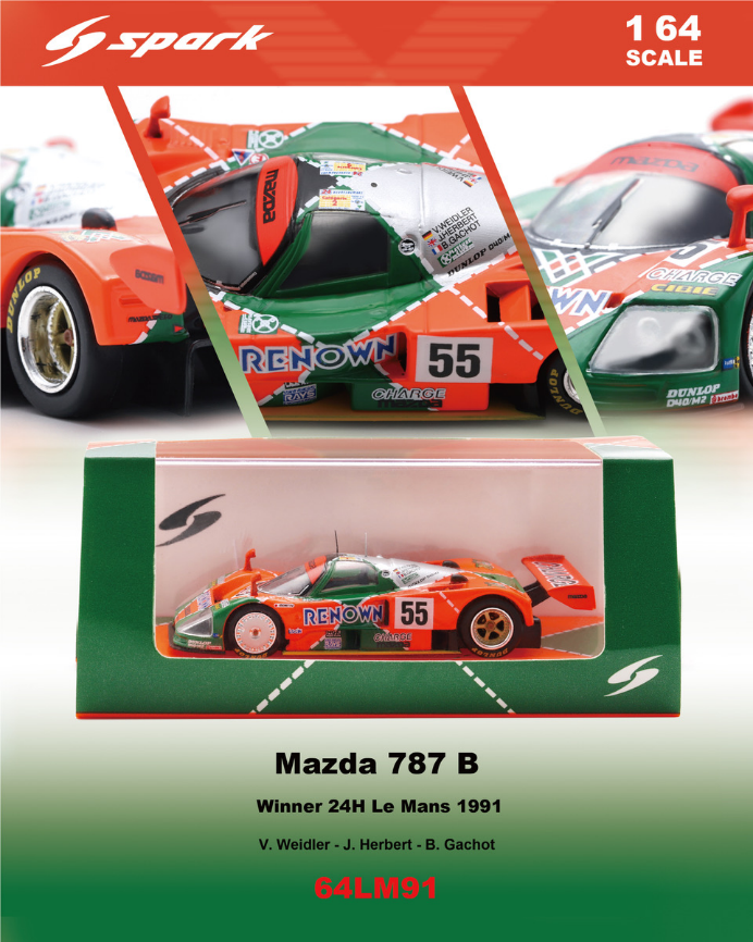 PRECOMMANDE - Spark 64LM91 1:64 - MAZDA 787 B N°55 Winner Le Mans 24H 1991 V. Weidler - J. Herbert - B. Gachot
