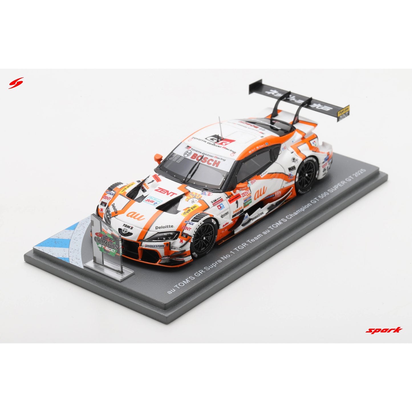 PRE-ORDER - Spark 43SGT2025 1:43 - Toyota GR Supra TGR TEAM at TOM'S No.1 GT500 Class Champion SUPER GT 2025 S. Tsuboi - K. Yamashita with Champion board