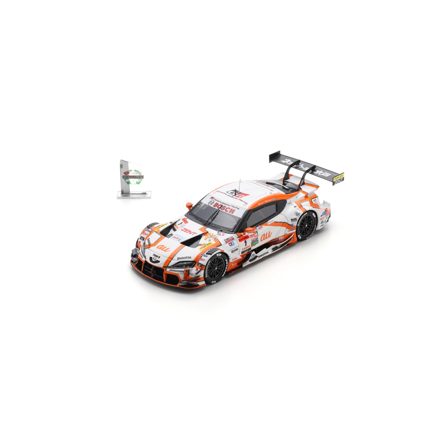 Spark 43SGT2025 1:43 - Toyota GR Supra TGR TEAM at TOM'S No.1 GT500 Class Champion SUPER GT 2025 S. Tsuboi - K. Yamashita with Champion board