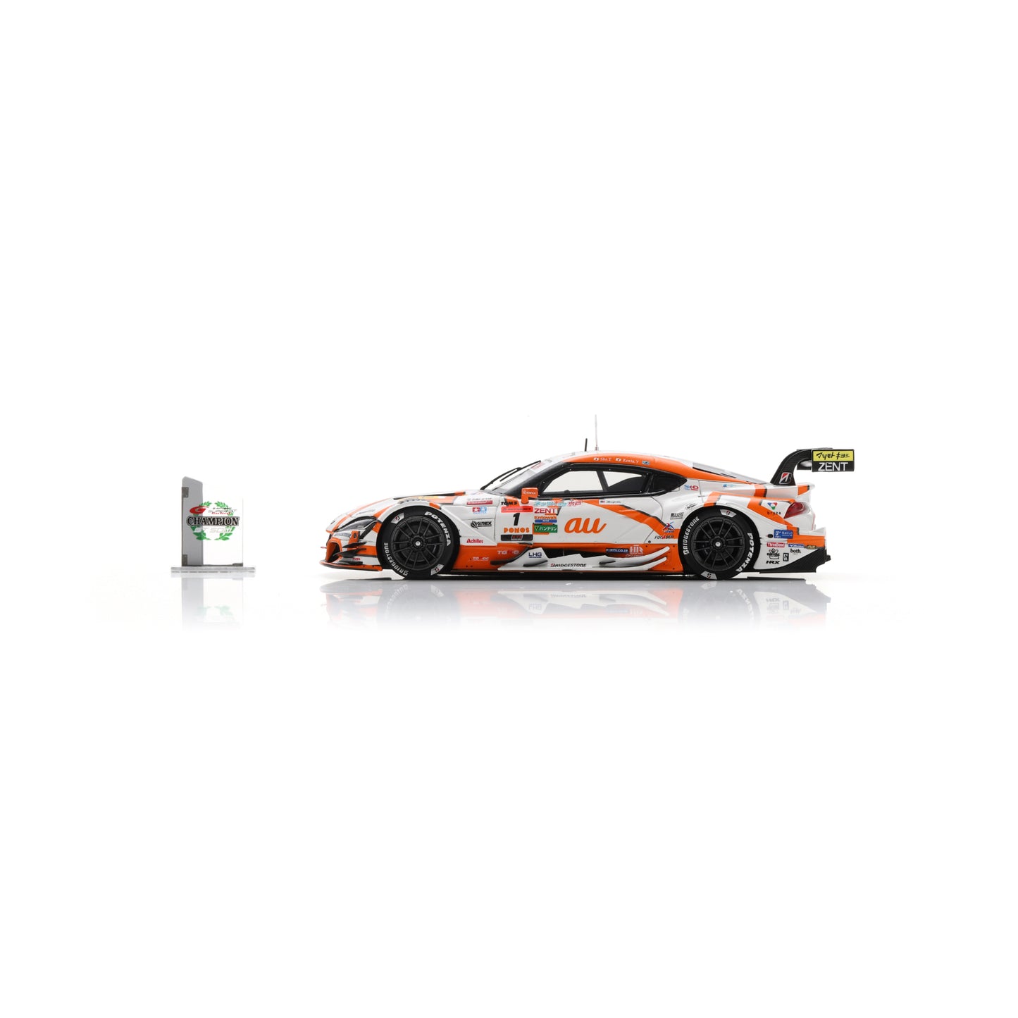 Spark 43SGT2025 1:43 - Toyota GR Supra TGR TEAM at TOM'S No.1 GT500 Class Champion SUPER GT 2025 S. Tsuboi - K. Yamashita with Champion board