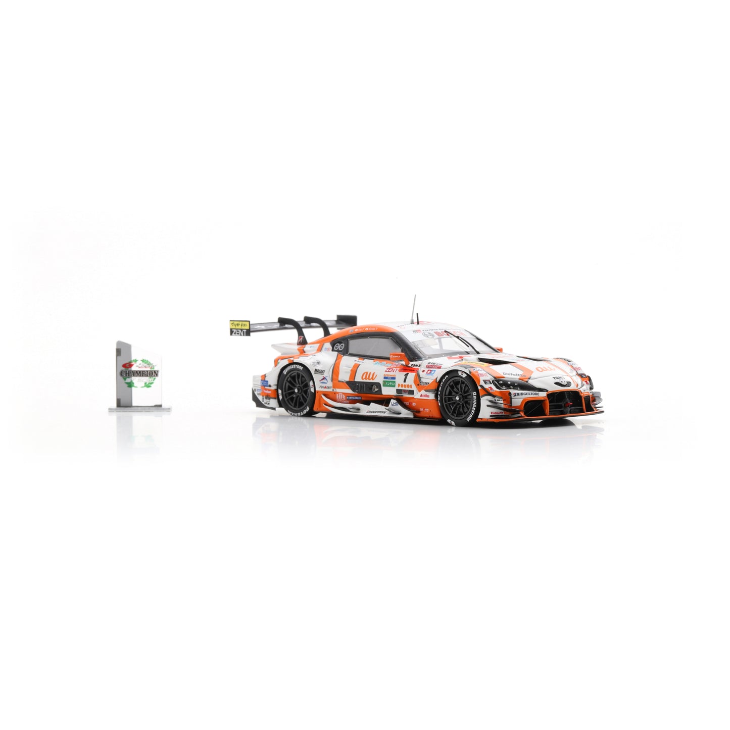 Spark 43SGT2025 1:43 - Toyota GR Supra TGR TEAM at TOM'S No.1 GT500 Class Champion SUPER GT 2025 S. Tsuboi - K. Yamashita with Champion board