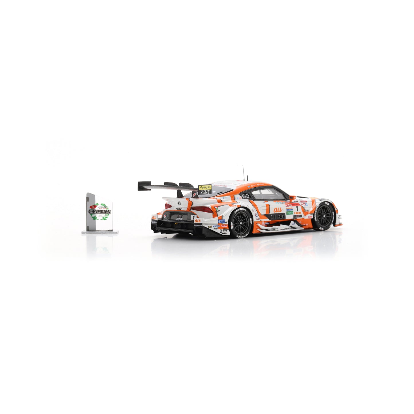 Spark 43SGT2025 1:43 - Toyota GR Supra TGR TEAM at TOM'S No.1 GT500 Class Champion SUPER GT 2025 S. Tsuboi - K. Yamashita with Champion board