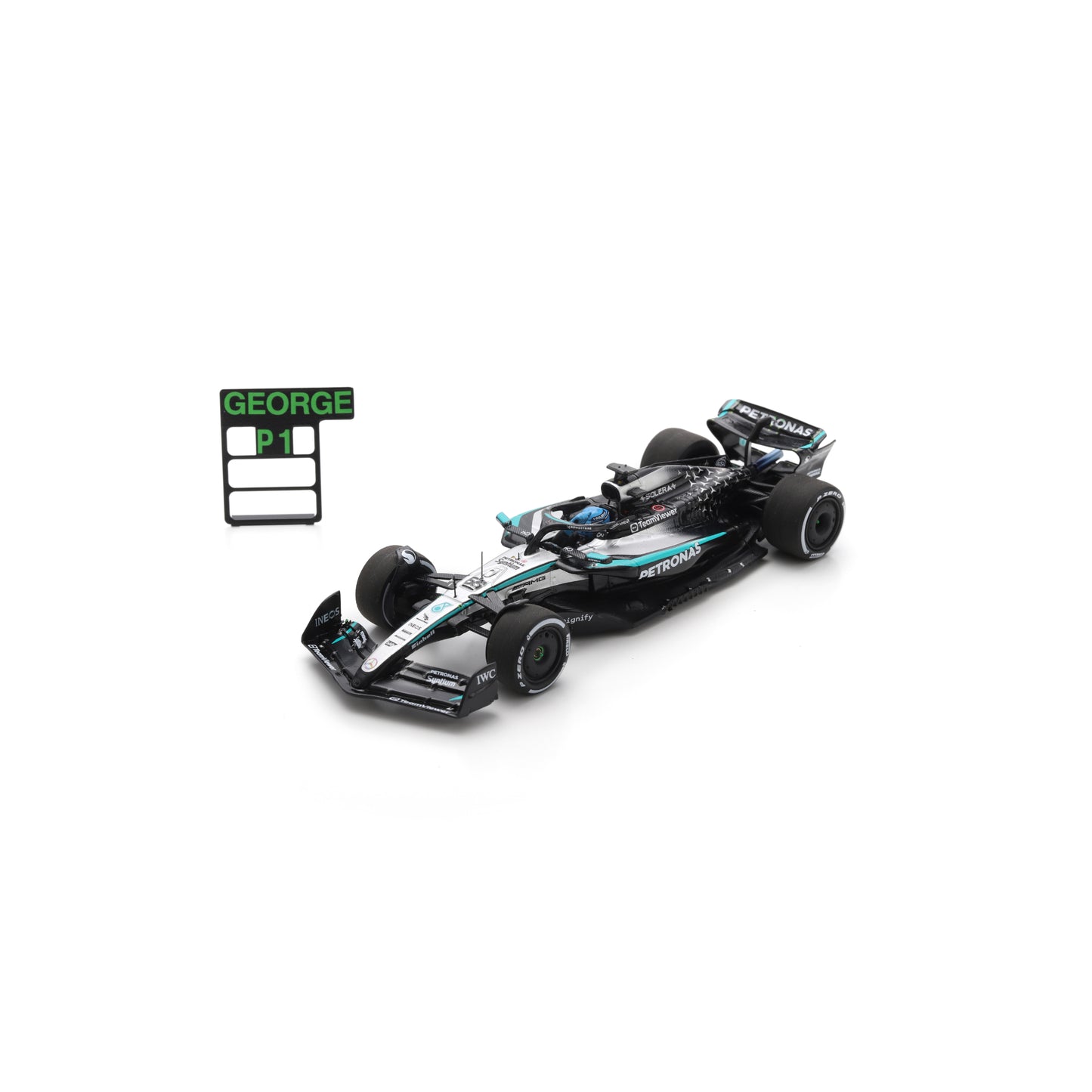 Spark S9616 1:43 - Mercedes W16 No.63 Mercedes-AMG PETRONAS Formula One Team Winner Canadian GP 2025 George Russell - with pit board