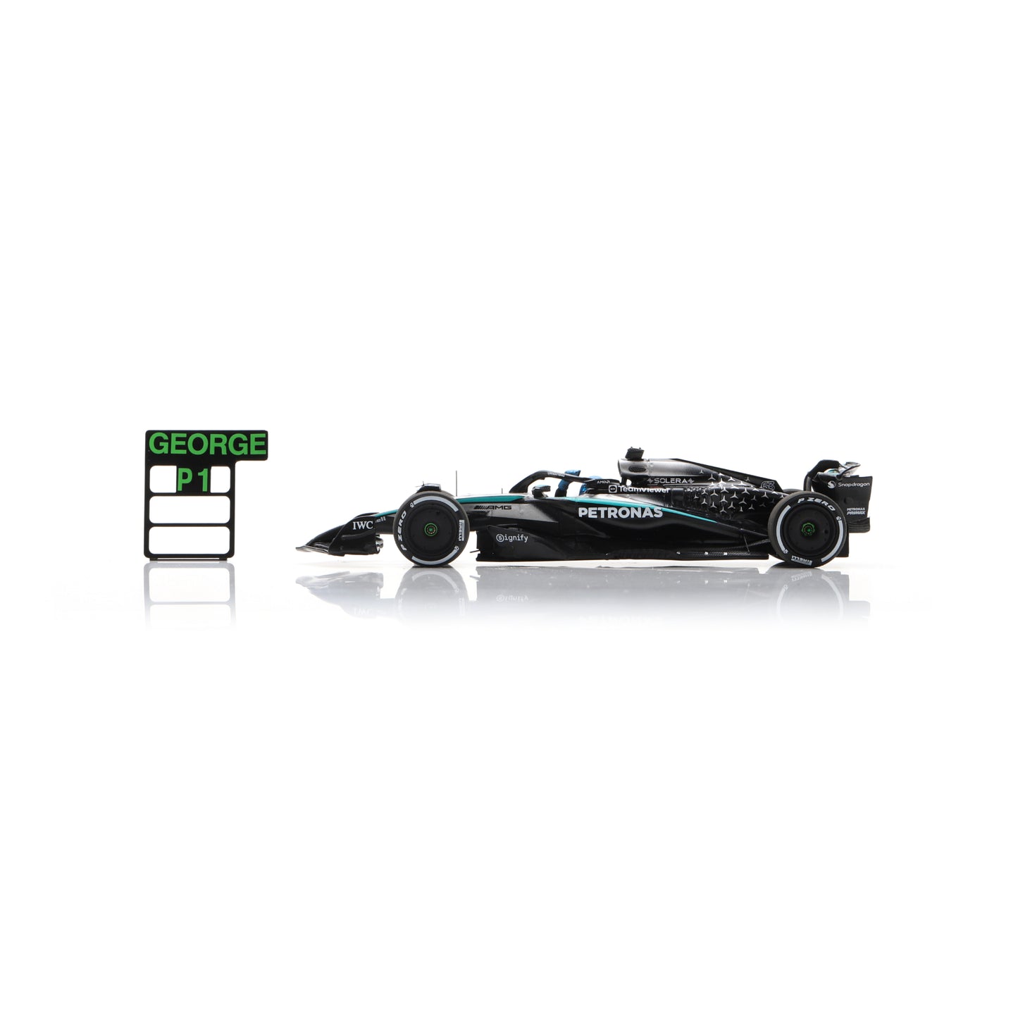 Spark S9616 1:43 - Mercedes W16 No.63 Mercedes-AMG PETRONAS Formula One Team Winner Canadian GP 2025 George Russell - with pit board