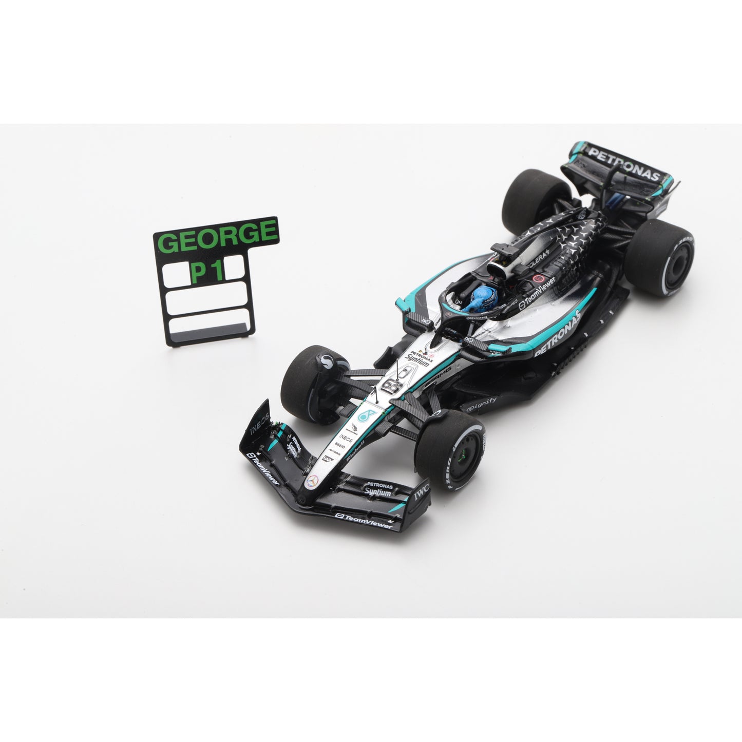 Spark S9616 1:43 - Mercedes W16 No.63 Mercedes-AMG PETRONAS Formula One Team Winner Canadian GP 2025 George Russell - with pit board