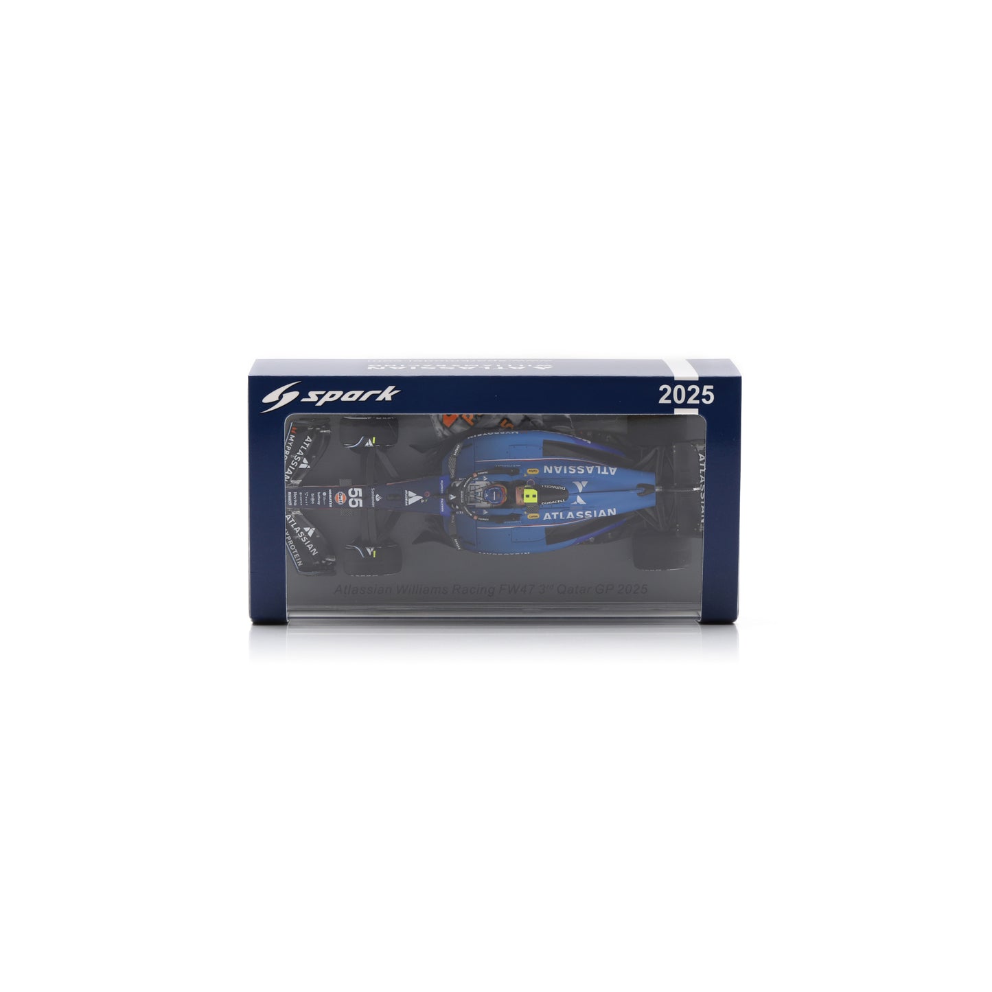 Spark S9683 1:43 - Atlassian Williams FW47 No.55 3rd Qatar GP 2025 Carlos Sainz (with pit board)