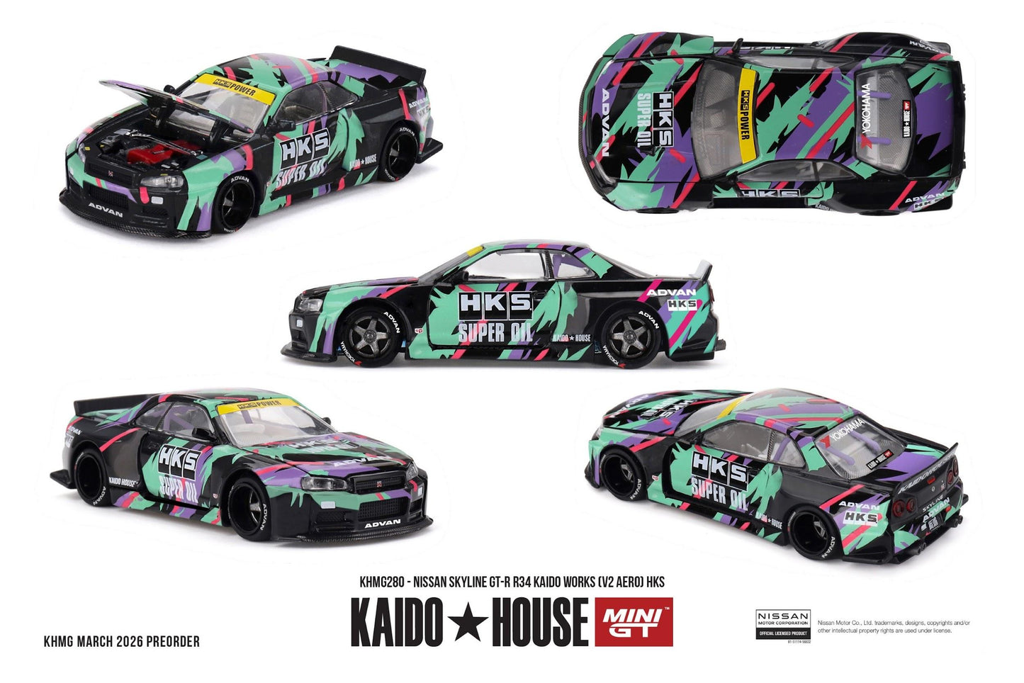PRECOMMANDE - Kaido House KHMG280 1:64 - NISSAN Skyline GTR (R34) Kaido Works (V2 Aero) HKS 1999