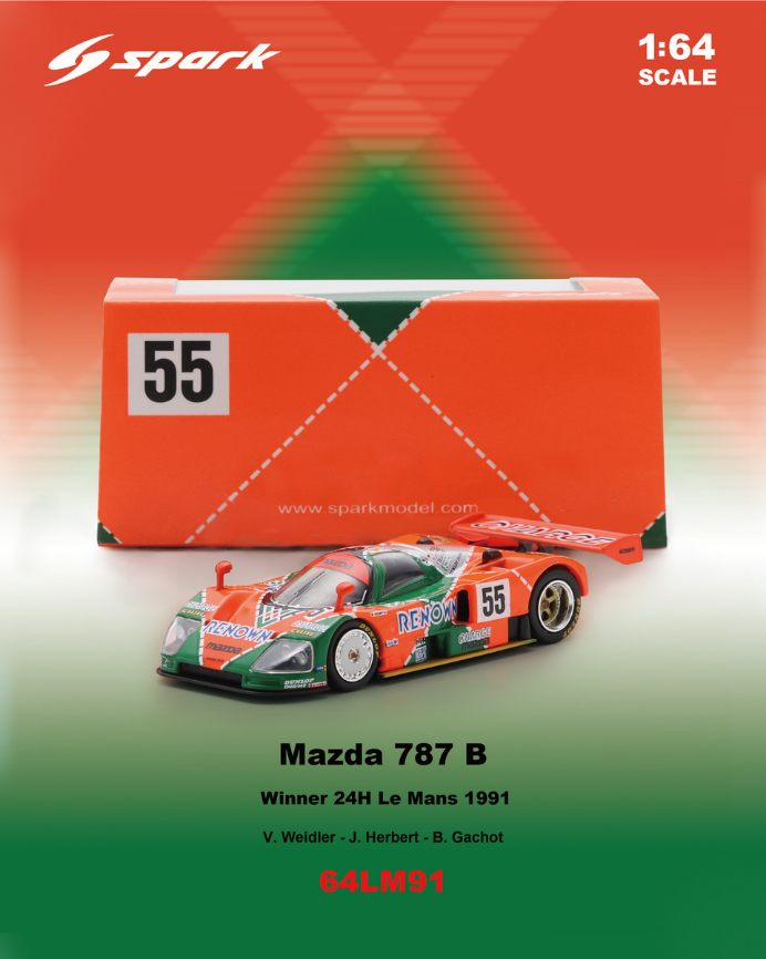 PRECOMMANDE - Spark 64LM91 1:64 - MAZDA 787 B N°55 Winner Le Mans 24H 1991  V. Weidler - J. Herbert - B. Gachot